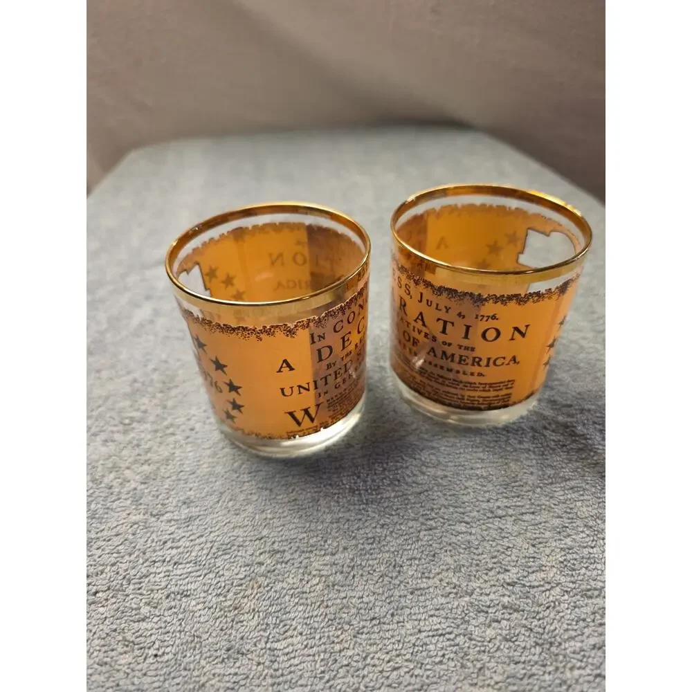 Vintage 1976 Bicentennial Lowball Glasses Pair 1776 Liberty Bell Gold Rim Houze